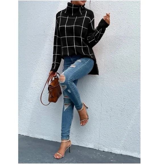 Black Grid Printed Long Sweater Plaid Pattern Split Sides Pullover Turtleneck - Picture 4 of 14